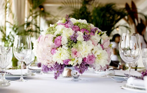 Picture table, roses, bouquet, restaurant, chrysanthemum, lilac, roses, freesia