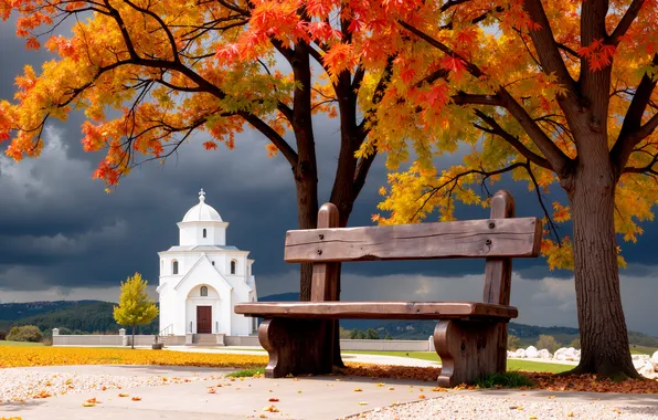 Clouds, bench, Church, Branches