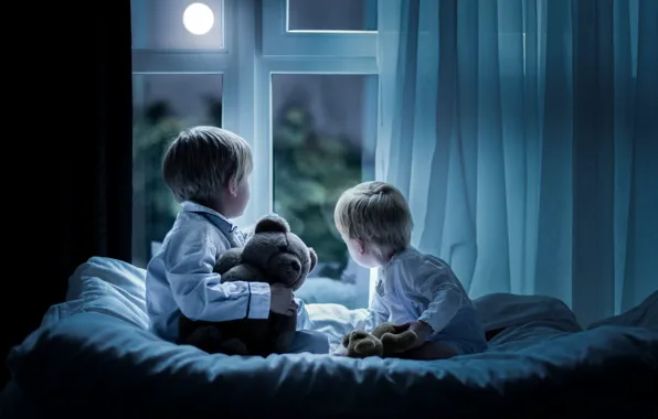 Children, the moon, window, bed, bear, boys, Teddy bear