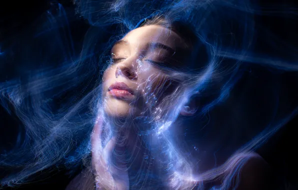 Girl, light, line, blue, abstraction, face, style, lights