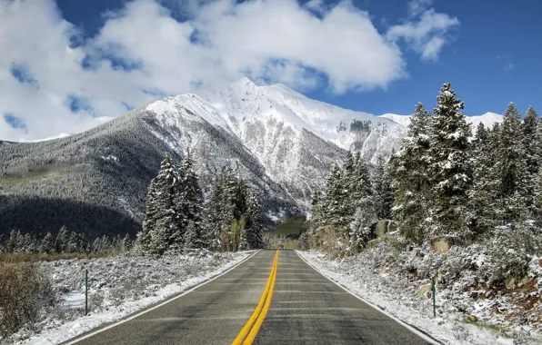 Picture road, snow, mountains