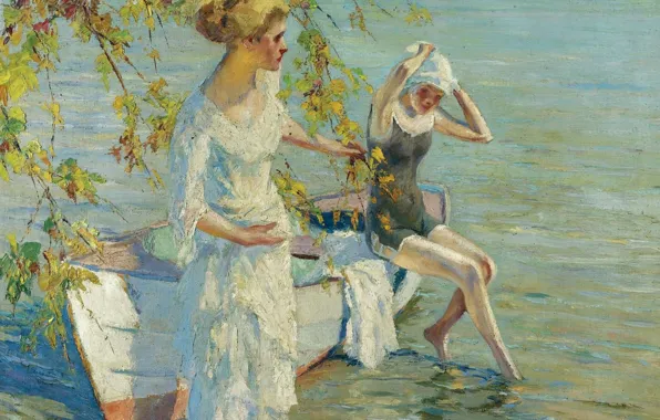 Girls, boat, picture, Edward Cucuel, Edward Cucuel, Bathers