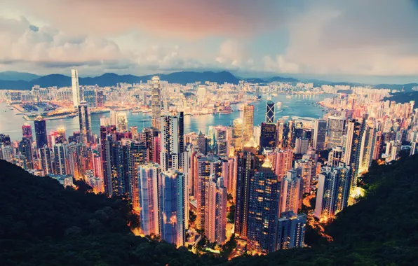 Clouds, the city, lights, the evening, Hong Kong, Hong Kong