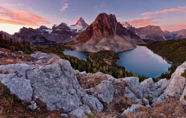 Forest, the sky, mountains, stones, lake, Canada, Alps, Sunburst peak