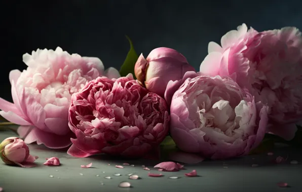 Picture flowers, the dark background, bouquet, pink, peonies, lush, Terry, AI art