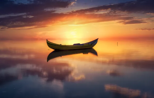 Picture sunset, lake, reflection, boat, pond