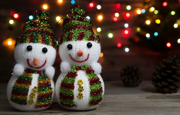Winter, New year, snowmen, garland, bumps, bokeh, 2018