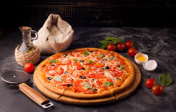 Knife, pieces, pizza, tomatoes, flour, bottle, vegetable oil