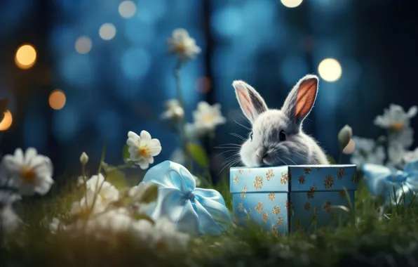 Holiday, gift, rabbit, Easter, blue background, AI art, neural network, Easter background