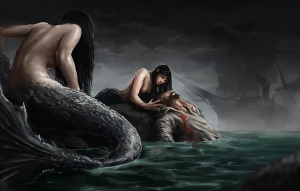 Sea, ship, mermaid, captain, mermaid, wound, sirens, sailor