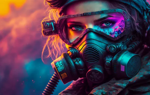 Look, bright colors, fiction, portrait, gas mask, blue eyes, cyberpunk, beautiful girl