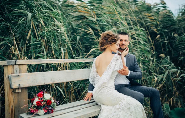 Picture love, joy, bench, bouquet, dress, hairstyle, the bride, wedding