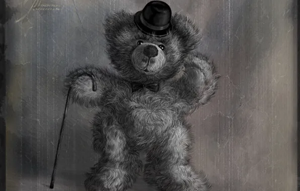 Picture hat, bear, cane, 156, Teddy, old photo