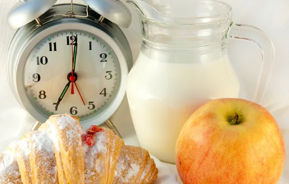 Apple, Breakfast, milk, alarm clock, pitcher, jam, bagel
