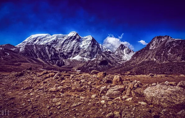 The sky, clouds, snow, mountains, nature, stones