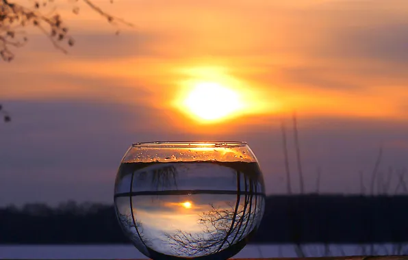 Winter, the sun, landscape, sunset, nature, reflection, refraction