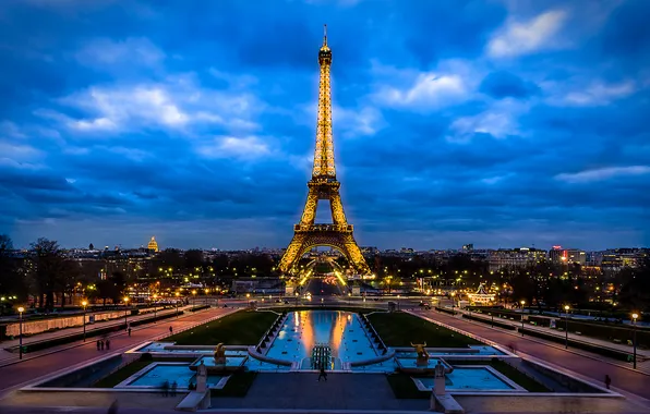 Picture the sky, clouds, night, lights, France, Paris, tower