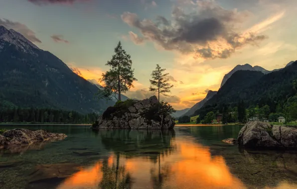 Picture forest, sunset, mountains, lake, reflection, stones, rocks, hills