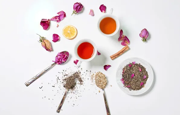 Lemon, tea, roses, petals