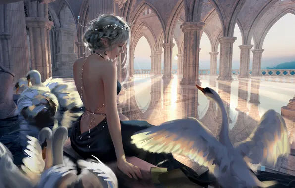 Picture swans, back, girl, dress