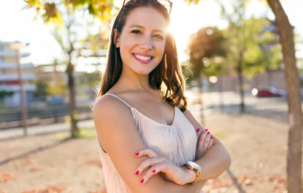 Picture the sun, brown hair, smile, nature, girl