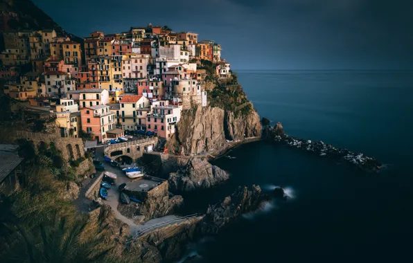 Sea, night, the city, shore, home, Italy, Manarola