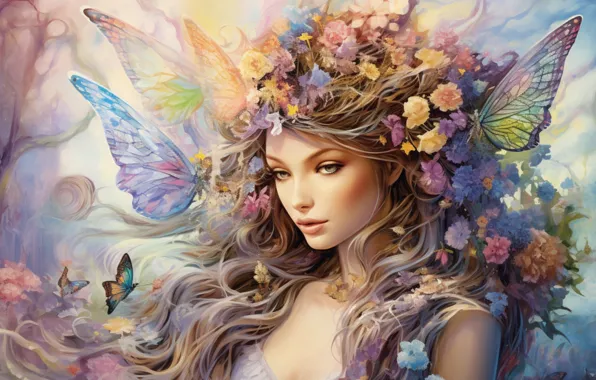 Look, girl, flowers, fantasy, hair, portrait, fantasy, elf