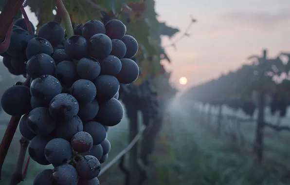 Field, the sky, the sun, blue, fog, dawn, dal, grapes
