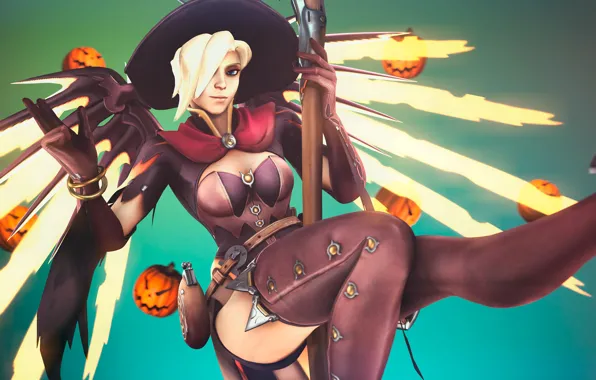 Girl, holiday, wings, hat, witch, halloween, Overwatch, mercy