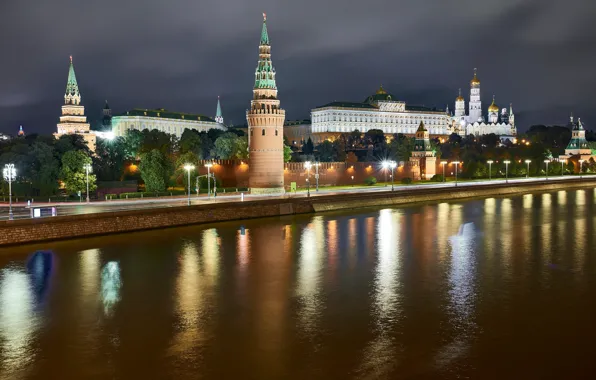 River, Moscow, The Kremlin, Russia, night city, promenade, The Moscow river