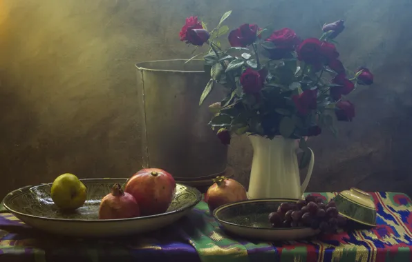 Roses, grapes, still life, grenades