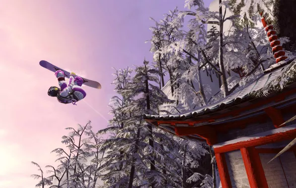 Roof, snowboard, Japan, pagoda, in the sky, trees in the snow, somersault