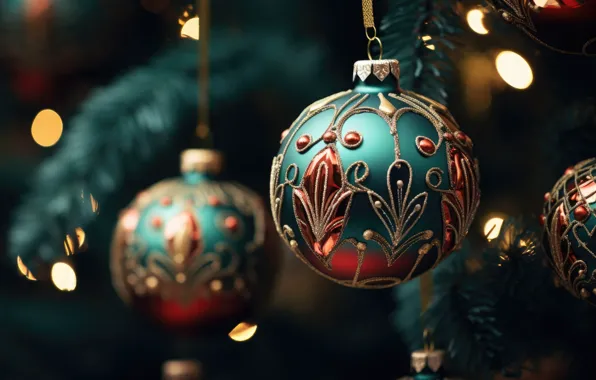 Decoration, background, balls, tree, New Year, Christmas, golden, new year