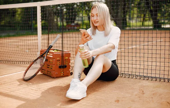Woman, tennis, sitting, rest, net, court