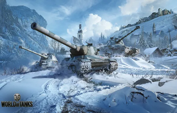 Snow, mountains, village, tanks, World of Tanks
