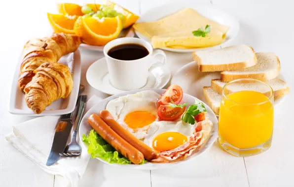 Picture sausage, coffee, oranges, Breakfast, cheese, juice, bread, scrambled eggs