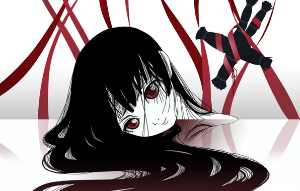 Void, loneliness, red eyes, black hair, madness, red ribbon, the voodoo doll, Enma Ai