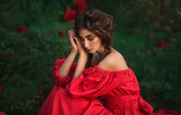 Picture girl, pose, mood, portrait, hands, hairstyle, red dress, shoulders