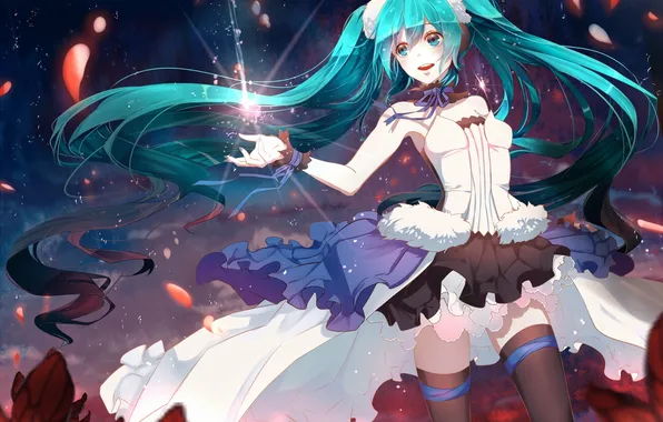 Girl, magic, anime, petals, headphones, art, vocaloid, hatsune miku