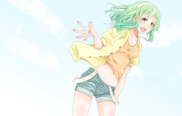 The sky, girl, clouds, smile, Vocaloid, green hair, Gumi