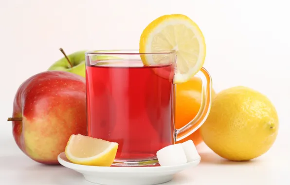 Picture lemon, tea, Apple, Cup, sugar, fruit
