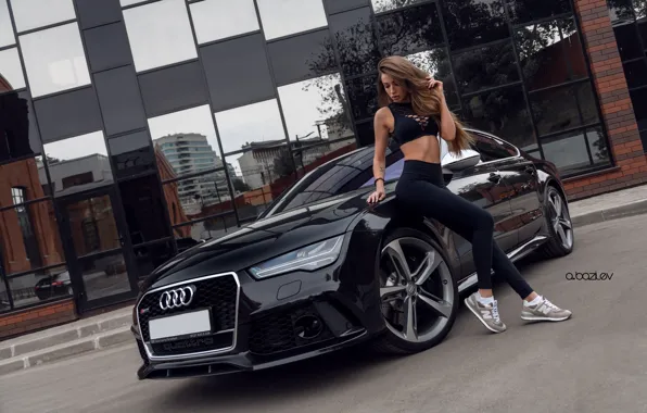 Machine, girl, pose, reflection, street, the building, Audi, figure