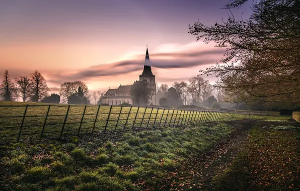 Picture road, sunset, fog, the fence