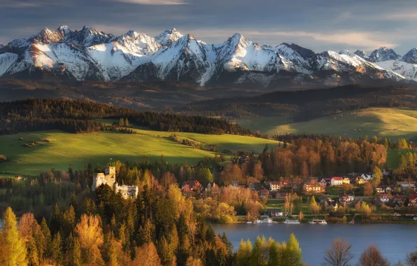 The sun, trees, mountains, river, castle, field, home, Poland