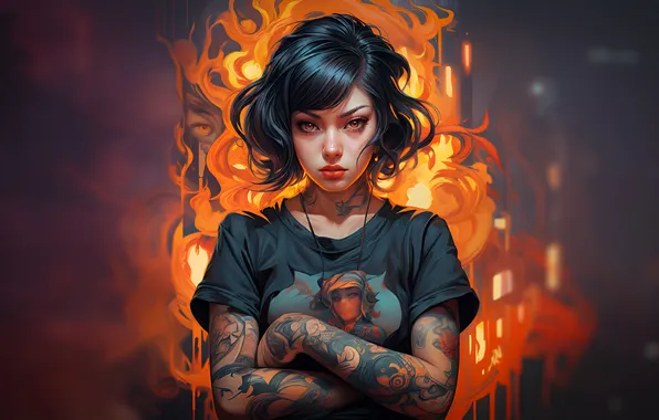 Portrait, AI art, lady on fire, Fire girl