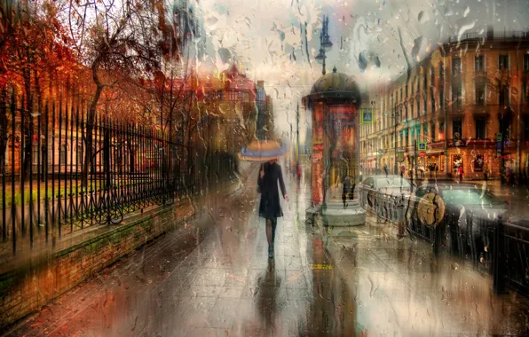 Picture autumn, girl, drops, the city, rain, umbrella, walk, Russia