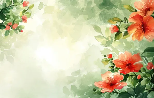 Leaves, flowers, frame, watercolor, red, composition, imitation, imitation painting