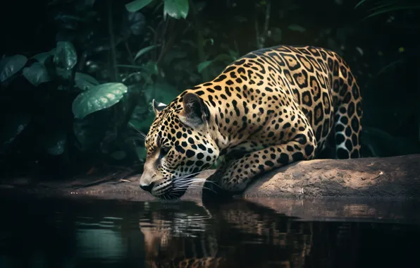 Picture Leopard, Water, Predator, Jungle, Digital art, Big cat, Spotted, AI art