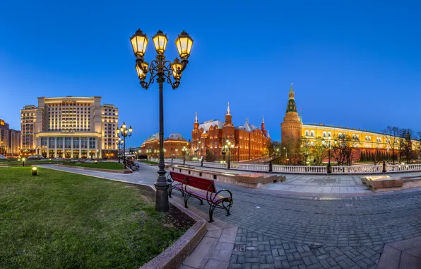 Lights, Moscow, The Kremlin, Russia, Manezhnaya square