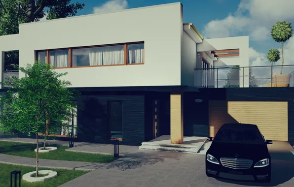 The sky, trees, house, cottage, facade